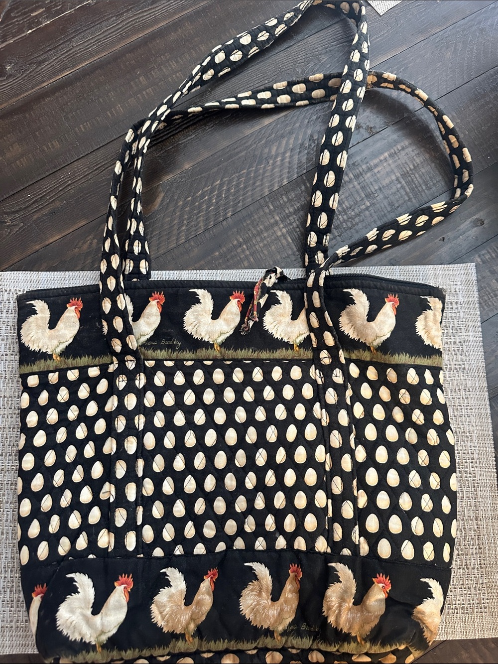 Vera Bradley Vintage Chicken + Egg Chanticleer Print Zip Purse Pockets Tote Bag